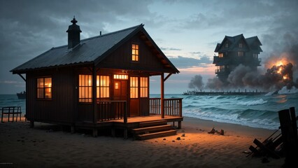 a house on a beach. Ai llustration. digital painting. Generative AI Artificial Intelligence Artwork