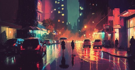 painting of night street with colorful lights, Generative AI