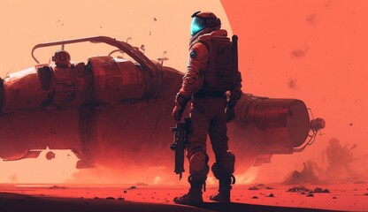 red astronaut standing near futuristic vehicle on Mars planet, illustration painting, Generative AI