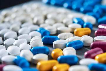  A pile of white, blue and other colored pills. Pills in plastic packaging. Healthcare and medicine concept. 