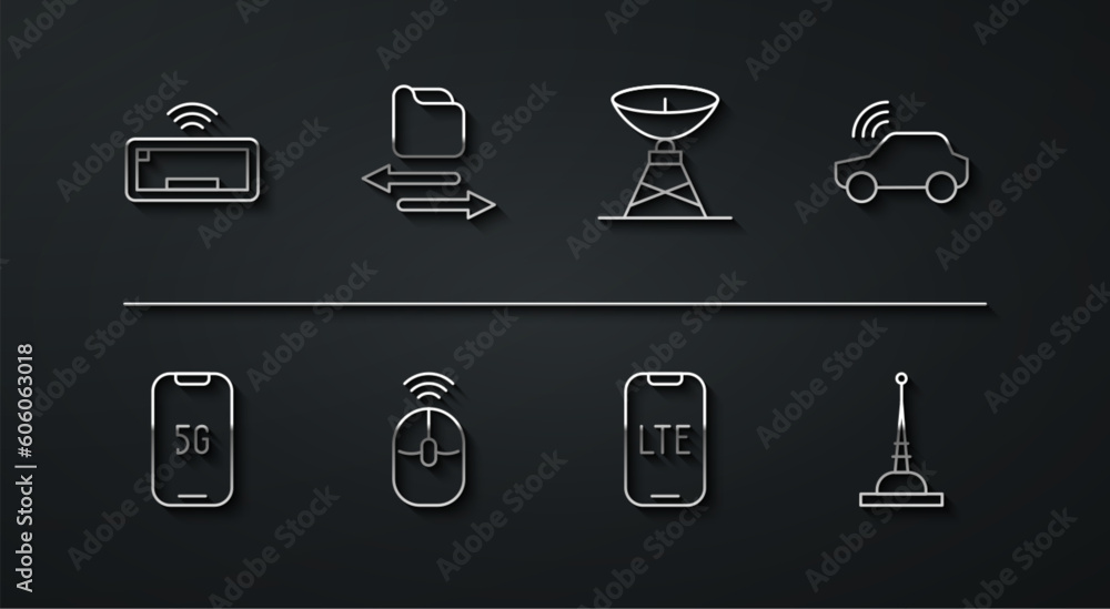 Poster set line computer keyboard, mobile with 5g, smart car system, lte network, wireless computer mouse, 