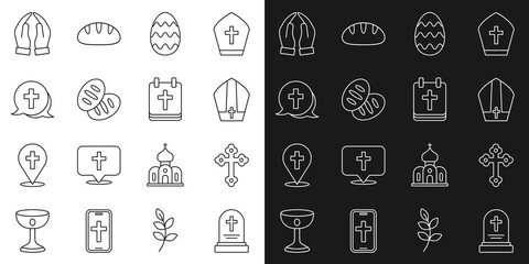 Set line Grave with tombstone, Christian cross, Pope hat, Easter egg, bread, Hands in praying position and Calendar icon. Vector
