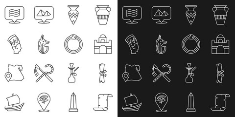 Set line Papyrus scroll, Egyptian house, vase, anubis, Nefertiti, Flag Of and Magic symbol of Ouroboros icon. Vector