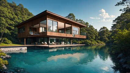 Fototapeta na wymiar a house on a lake. Ai llustration. digital painting. Generative AI Artificial Intelligence Artwork