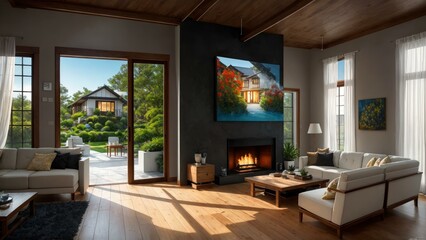 a living room with a fireplace. Ai llustration. digital painting. Generative AI Artificial Intelligence Artwork