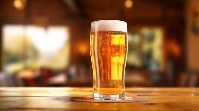 Glass of beer on wooden table with defocus cafe interior. October fest banner.  AI generative