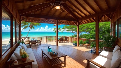 a deck with a view of the ocean and trees. Ai llustration. digital painting. Generative AI Artificial Intelligence Artwork