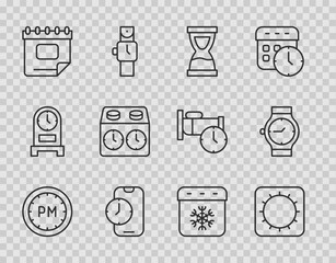 Set line Day time, Sun, Old hourglass, Alarm clock app mobile, Calendar, Time chess, winter and Wrist watch icon. Vector