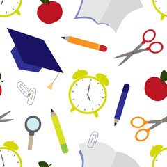 Vector seamless pattern for back to school design with stationery  in cartoon style