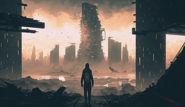 man standing in abandoned city, sci-fi concept, illustration painting, Generative AI
