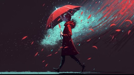 woman with a red umbrella walking on dark background with scattering particles, digital art style, illustration painting, Generative AI