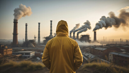 The industrial revolution background, air pollution, factory, man looking from behind, wearing yellow jacket