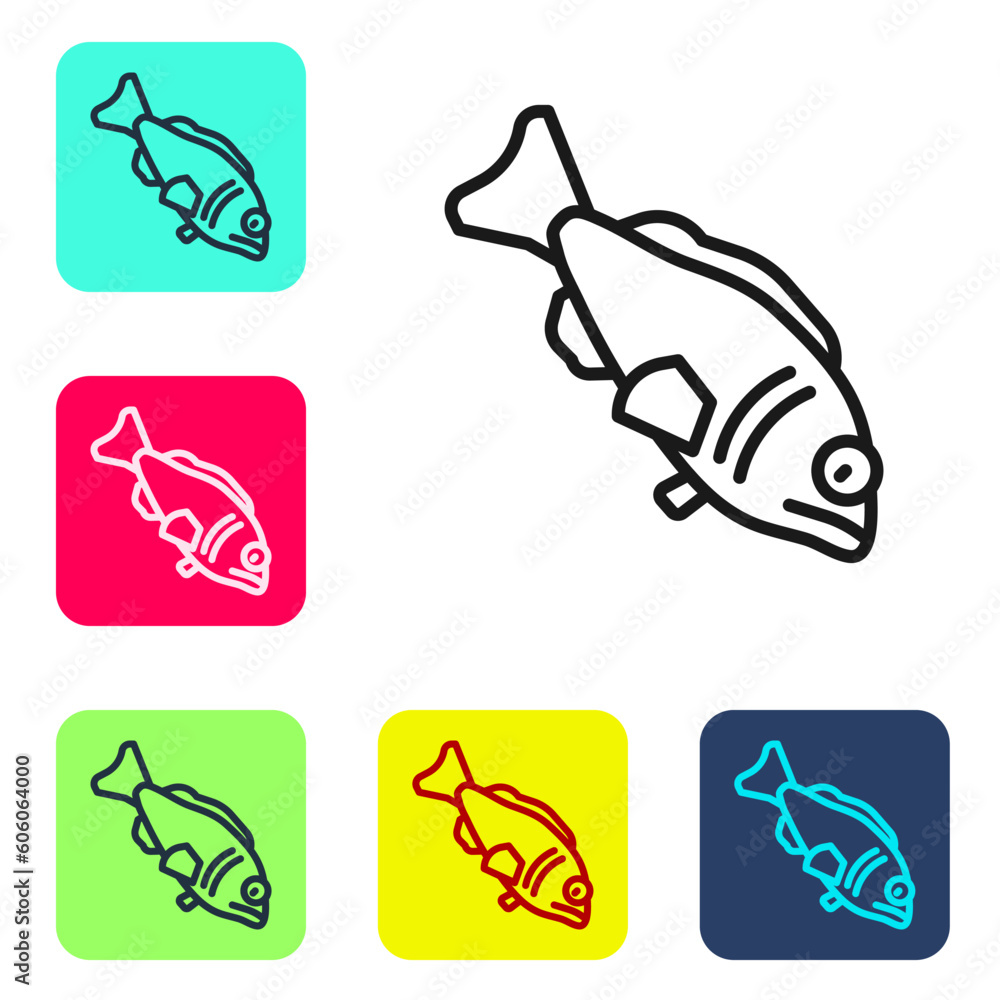 Poster black line fish icon isolated on white background. set icons in color square buttons. vector