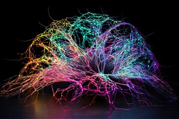 Iridescent Neural Network. Complex network like colored structure representing neural connections in the brain. Generative ai