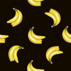 Seamless hand drawn pattern of yellow bananas on a dark background. Graphic print for textiles. Tropical summer stylish vector illustration