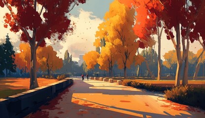Naklejka na ściany i meble path in the autumn park, landscape painting, illustration, Generative AI