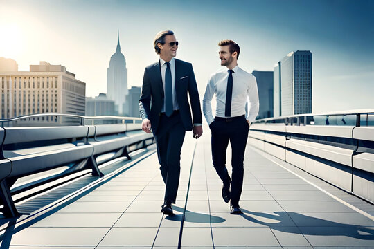 modern happy businessmen walking across a city bridge discussing something against the background of urban offices and buildings white light