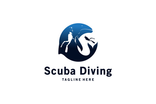 Scuba diving logo design with underwater exploration vector illustration with whale background