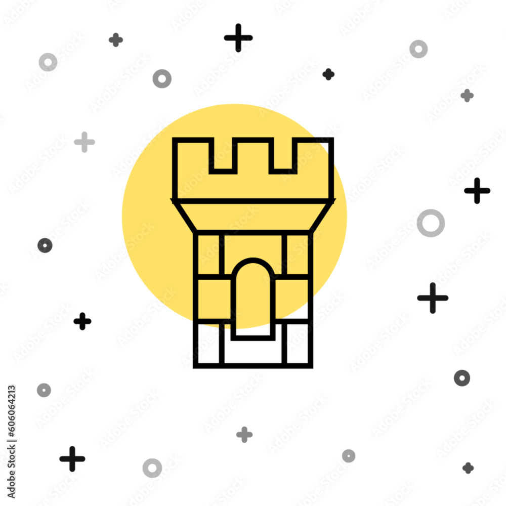 Poster black line castle tower icon isolated on white background. fortress sign. random dynamic shapes. vec