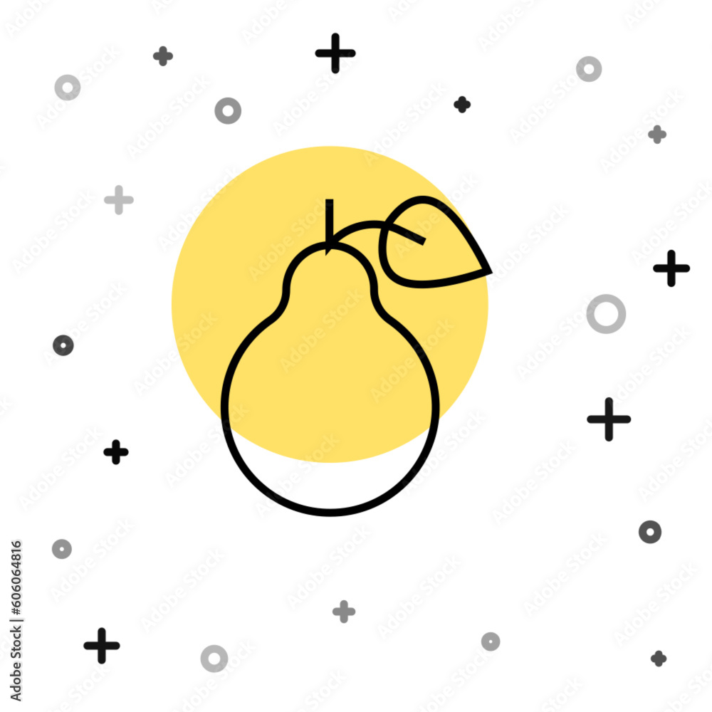 Poster black line pear icon isolated on white background. fruit with leaf symbol. random dynamic shapes. ve