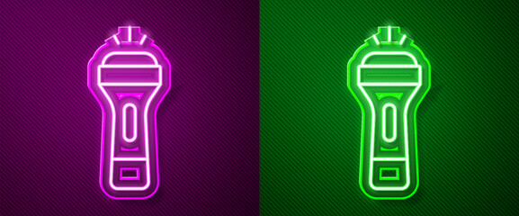 Glowing neon line Flashlight icon isolated on purple and green background. Vector