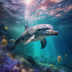 Fototapeta premium Dolphin underwater. Generative AI.