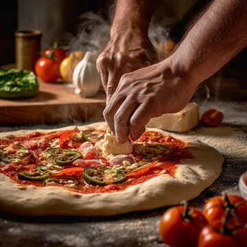 Pizza maker making a homemade pizza. Generative AI.