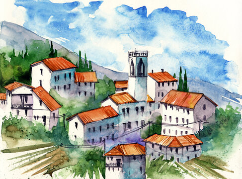 Watercolor illustration of an old european town street with some houses with tiled roofs and a chapel in the background 