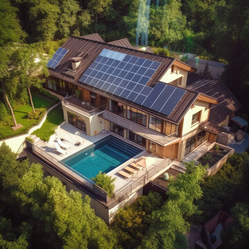 House with solar panels on the roof. Solar and renewable energy. Generative AI.