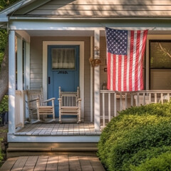 United States flag on the porch of a house. Generative AI.