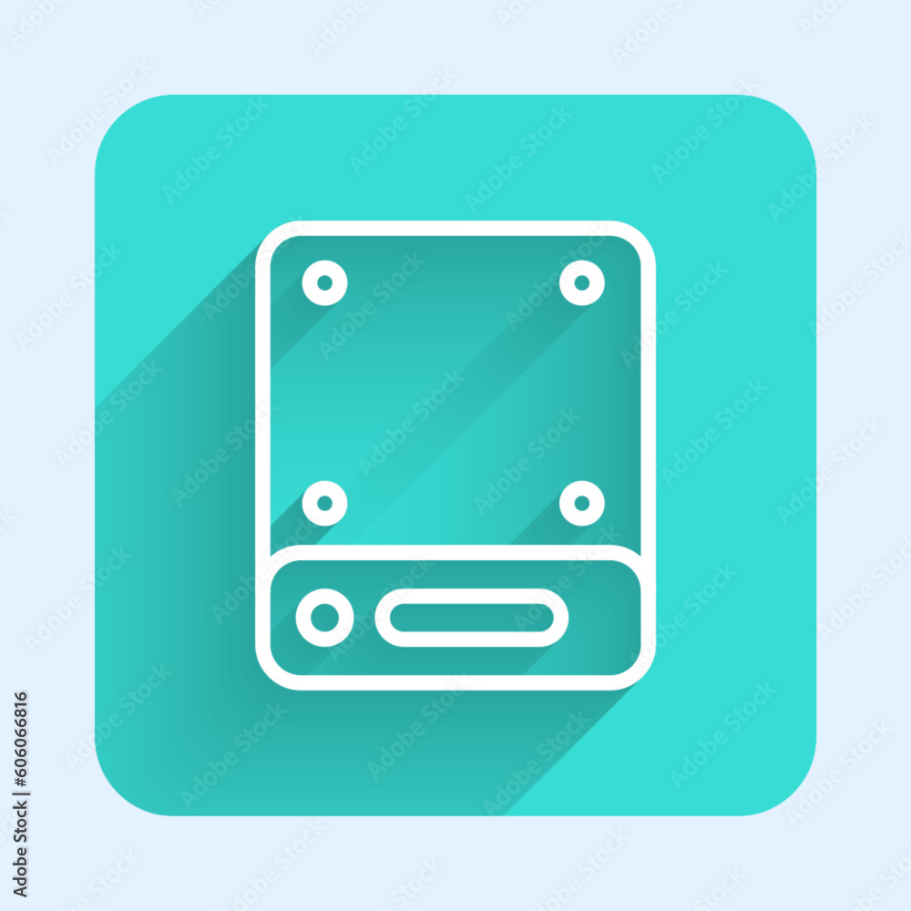 Poster white line server, data, web hosting icon isolated with long shadow background. green square button.
