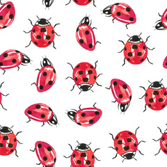 Fototapeta premium Ladybugs watercolor seamless pattern. Red insect bugs endless background for fabric and wallpaper. Summer bright design.