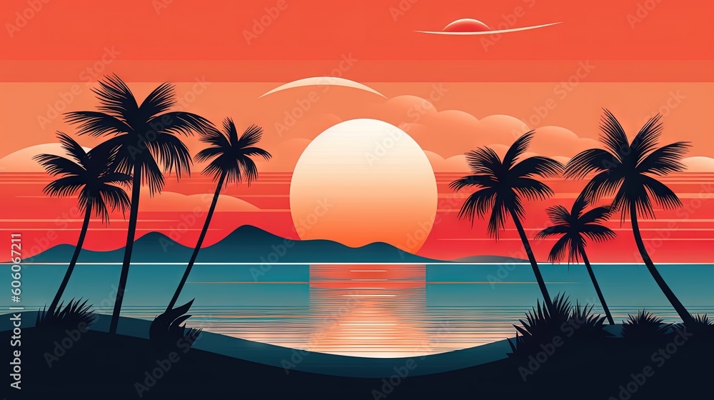 Poster a sunset with palm trees and a plane flying over the ocean in the distance with a plane in the sky a