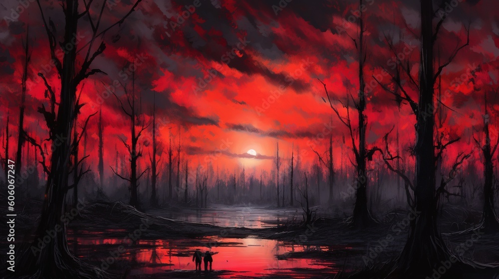Poster a painting of a swamp with trees in the foreground and a red sky in the background the trees are sil