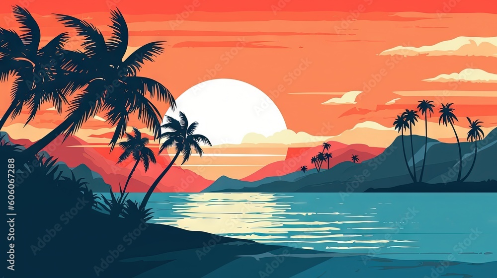 Poster a painting of a sunset with palm trees and mountains in the background and a body of water in the fo