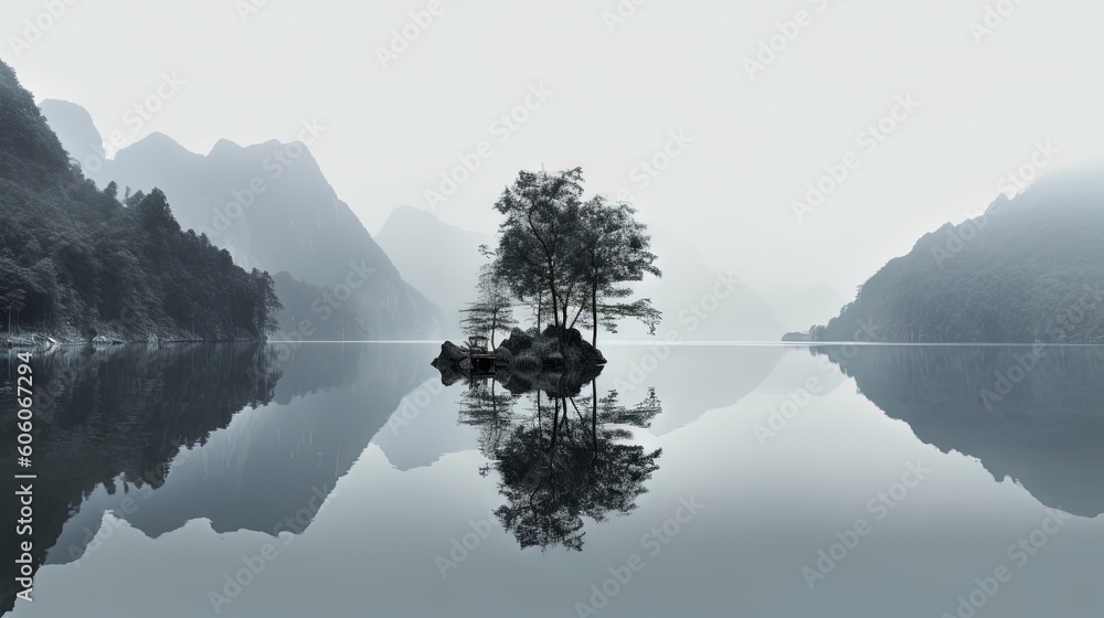 Poster a lone tree stands in the middle of a lake with mountains in the background and fog in the air, with