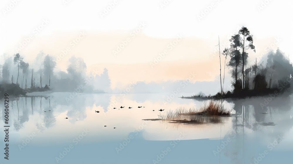 Poster a painting of a lake with ducks and trees in the background and a foggy sky in the foreground with a