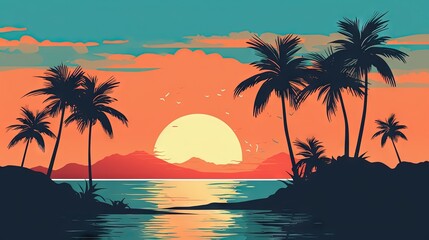 Fototapeta na wymiar a painting of a sunset with palm trees and a mountain in the distance with a body of water in the foreground and a mountain in the background. generative ai