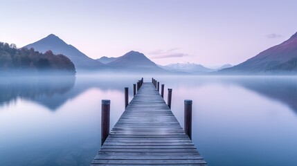  a dock on a lake with mountains in the background and fog on the water in the foreground and a few clouds in the sky. generative ai