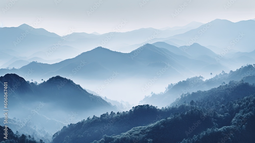 Poster a mountain range covered in fog and low lying trees in the foreground, with mountains in the distanc
