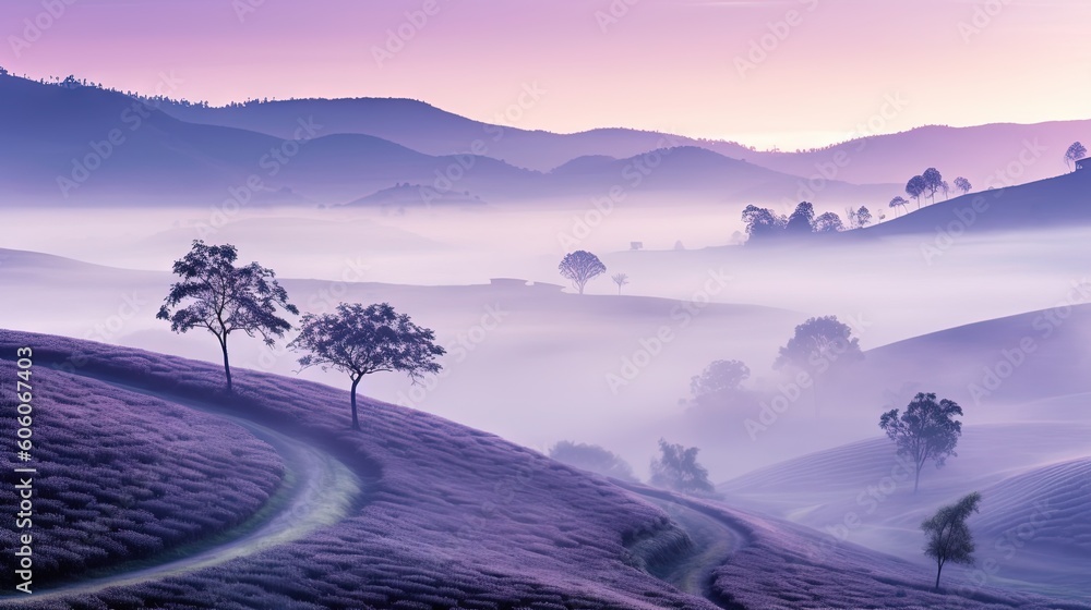 Poster a foggy landscape with trees and hills in the distance with a pink sky in the background with a trai