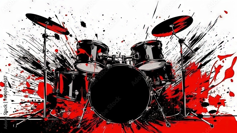 Poster a drum set with red paint splatters and black drumsticks on a white and black background with red sp