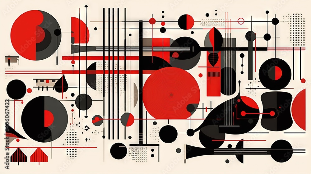 Poster a red and black abstract painting with circles and lines on it's surface, with a white background an