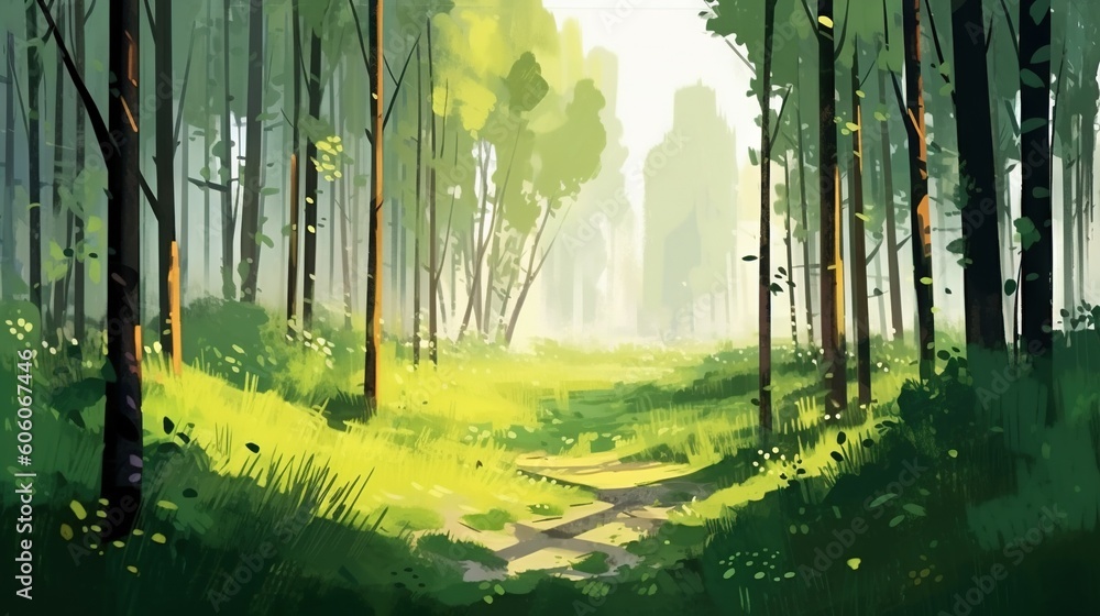 Poster a painting of a path through a forest with tall trees and grass on both sides of the path is a green