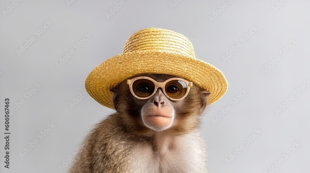 Poster a monkey wearing a straw hat and sunglasses on a gray background with a gray background and a gray b