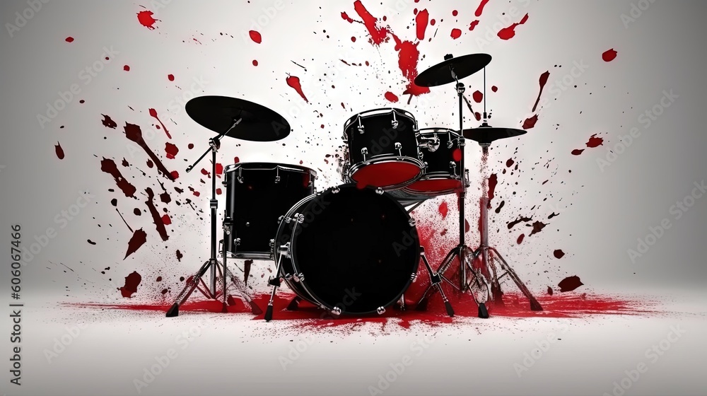 Poster a drum set with red paint splatters all over the floor and a white background with a black drum set 