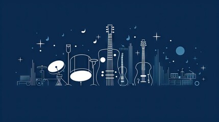 a blue background with a guitar, drums and other musical instruments