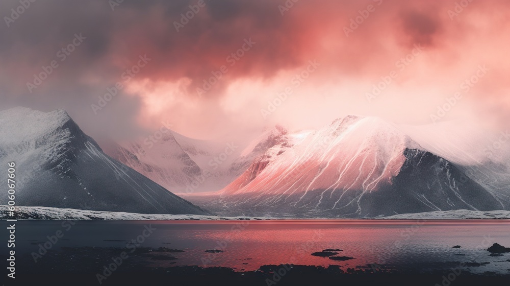 Poster a mountain range with a lake in the foreground and a red sky in the background with clouds in the sk