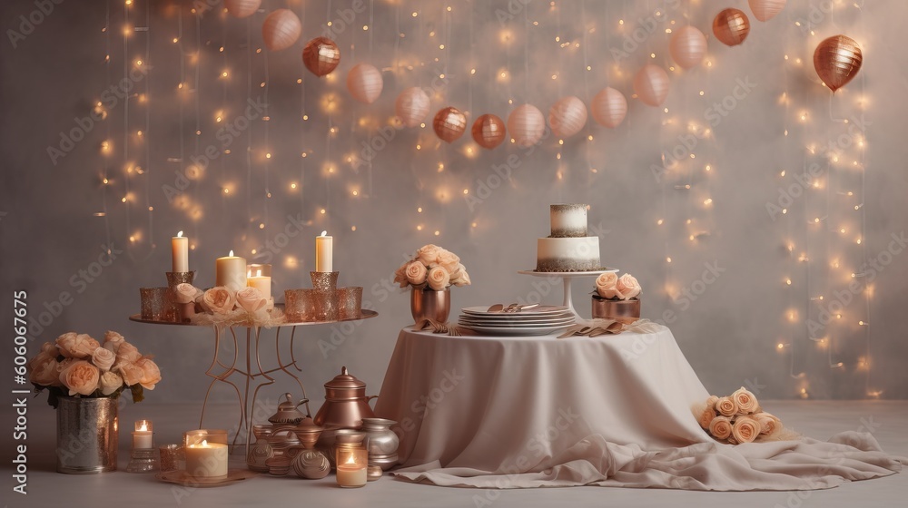 Poster a table topped with a cake next to a table covered in candles and flowers and a cake on top of a cak