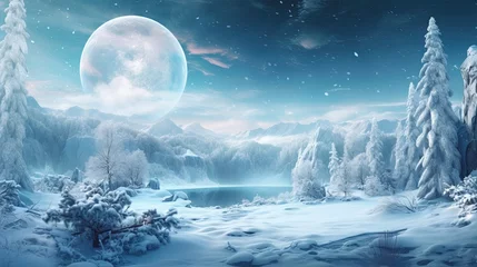 Fotobehang  a painting of a snowy landscape with a full moon in the sky and trees in the foreground, and a lake in the foreground.  generative ai © Oleg